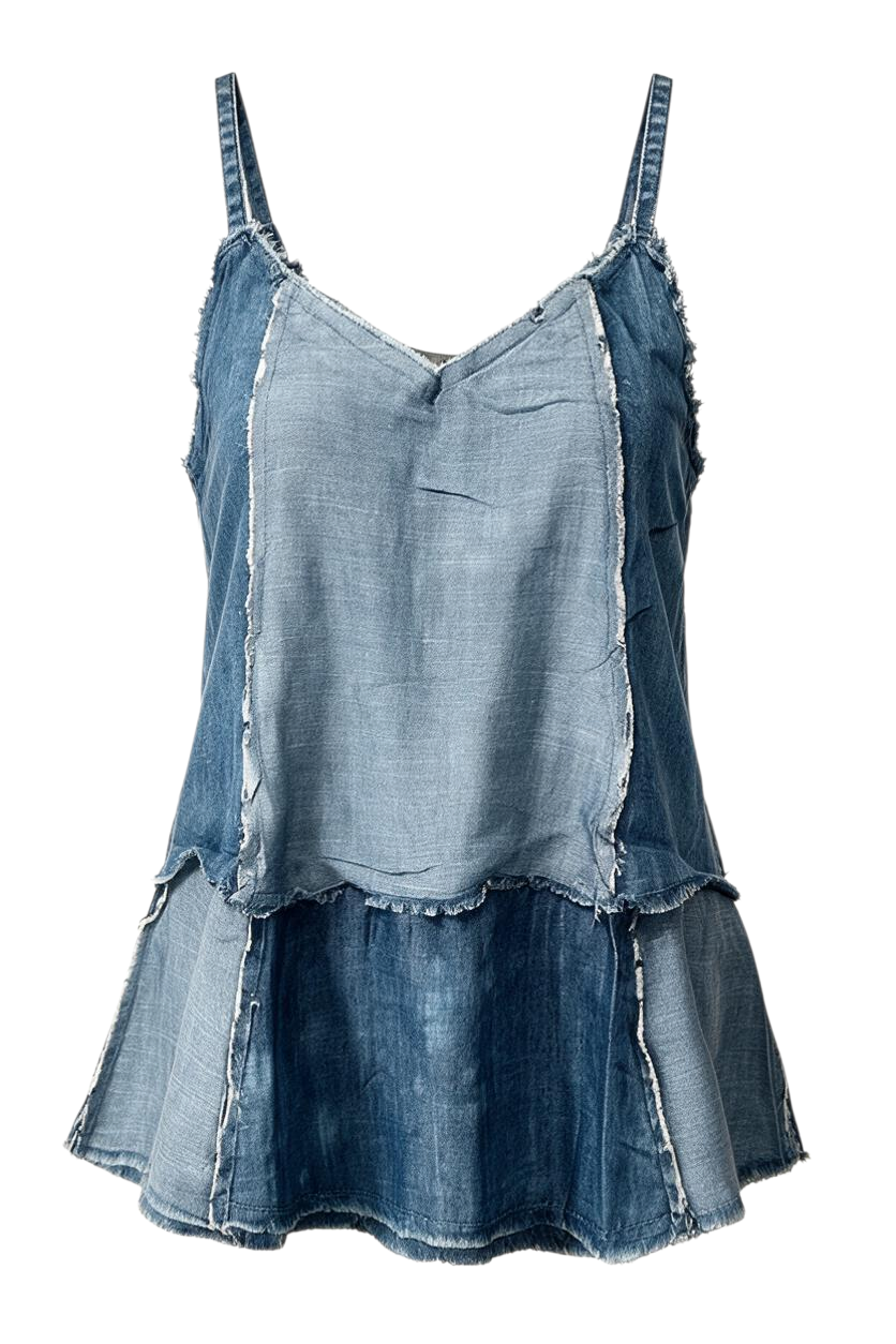 Trestles Clothing Company patchwork denim tank top with adjustable straps and trendy distressed frayed edges.